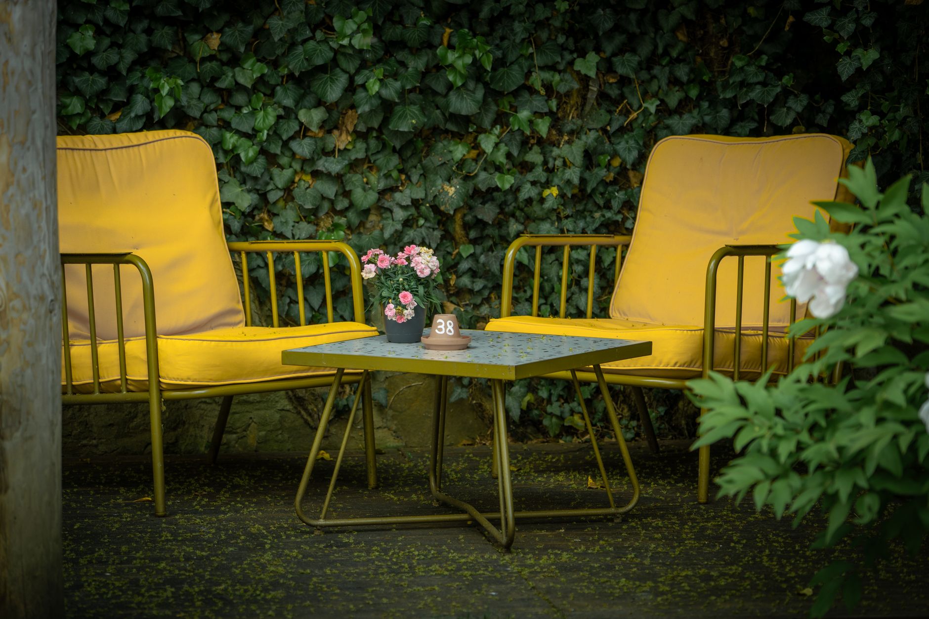 Garden decoration ideas cover showing a calm layered yard with planters, lanterns, seating, and soft greenery